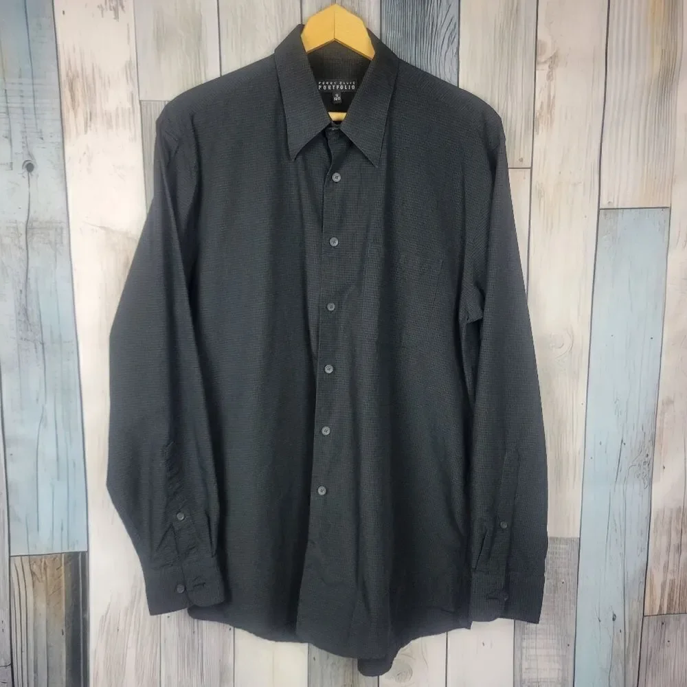 Perry Ellis Black Small Check Long Sleeve Button Down Shirt Size 16 34/35